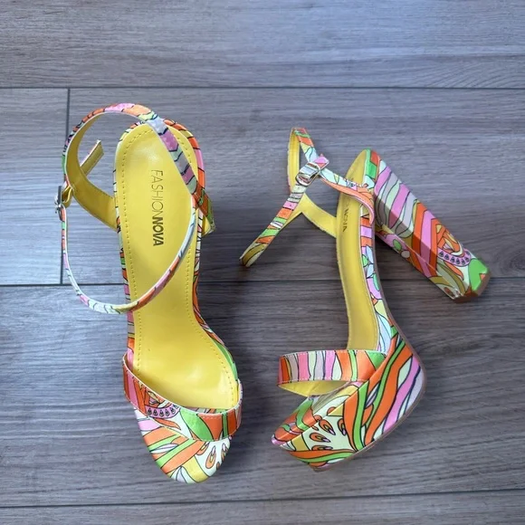 Fashion Nova Yellow Pink Multicolor Retro Printed Platform Heels - Picture 6 of 11